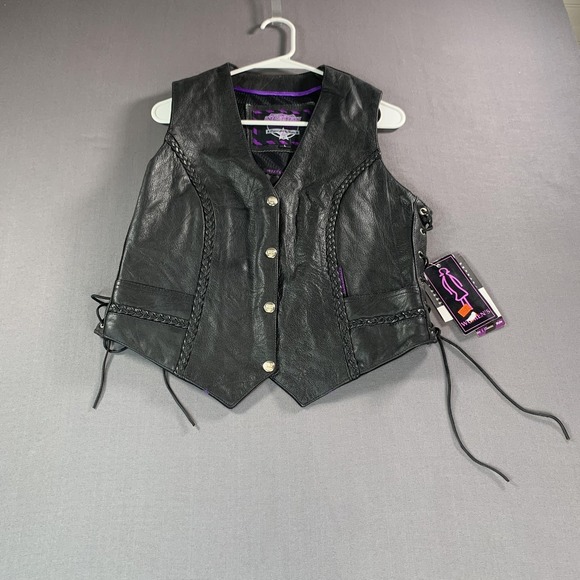 NEW Interstate Leather Vest Womens Large Black Side Lace Biker Moto I1380L
